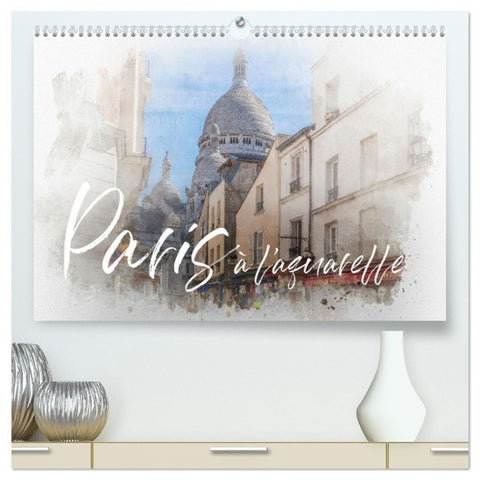 Paris à l'aquarelle (hochwertiger Premium Wandkalender 2027 DIN A2 quer), Kunstdruck in Hochglanz
