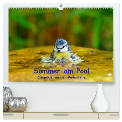 Sommer am Pool - Singvögel an der Badestelle (hochwertiger Premium Wandkalender 2027 DIN A2 quer), Kunstdruck in Hochglanz