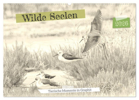 Wilde Seelen - Tierische Momente in Graphit (Wandkalender 2026 DIN A2 quer), CALVENDO Monatskalender