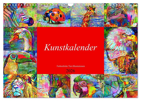 Kunstkalender. Farbenfrohe Tier-Illustrationen (Wandkalender 2026 DIN A3 quer), CALVENDO Monatskalender