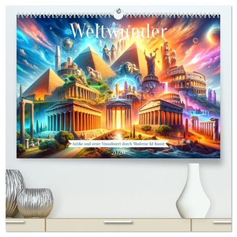 Weltwunder: Antike und neue: Visualisiert durch Moderne KI-Kunst (hochwertiger Premium Wandkalender 2026 DIN A2 quer), Kunstdruck in Hochglanz