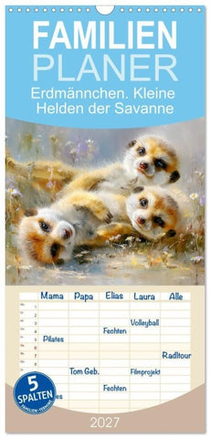 Familienplaner 2027 - Erdmännchen. Kleine Helden der Savanne mit 5 Spalten (Wandkalender, 21 x 45 cm) CALVENDO