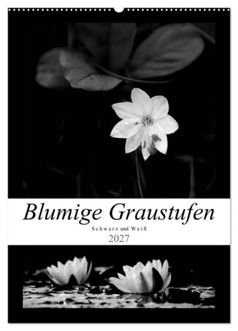 Blumige Graustufen - Schwarz und Weiß (Wandkalender 2027 DIN A2 hoch), CALVENDO Monatskalender