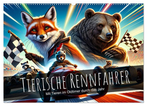 Tierische Rennfahrer - Mit Tieren im Oldtimer durch das Jahr (Wandkalender 2027 DIN A2 quer), CALVENDO Monatskalender