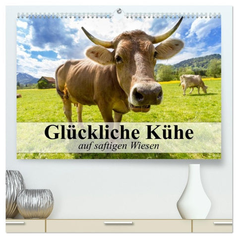 Glückliche Kühe auf saftigen Wiesen (hochwertiger Premium Wandkalender 2026 DIN A2 quer), Kunstdruck in Hochglanz