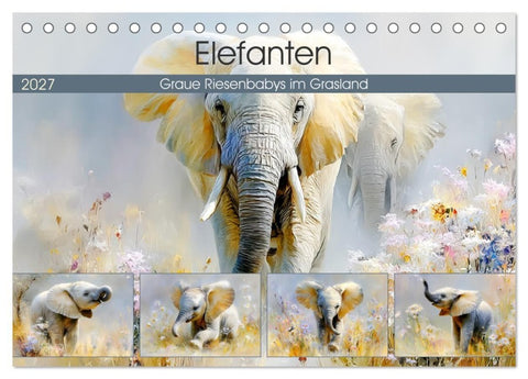 Elefanten. Graue Riesenbabys im Grasland (Tischkalender 2027 DIN A5 quer), CALVENDO Monatskalender
