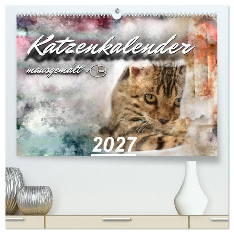 Katzenkalender mausgemalt (hochwertiger Premium Wandkalender 2027 DIN A2 quer), Kunstdruck in Hochglanz