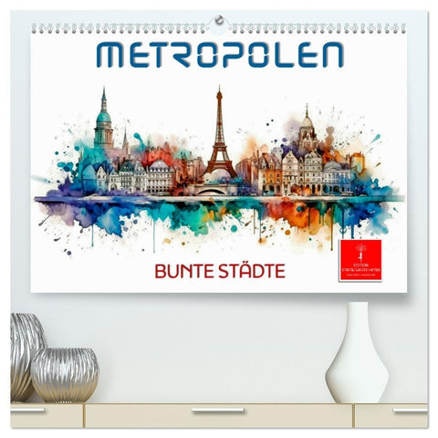 Skylines - bunte Städte (hochwertiger Premium Wandkalender 2027 DIN A2 quer), Kunstdruck in Hochglanz