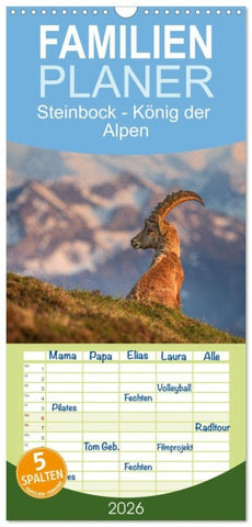 Familienplaner 2026 - Steinbock - König der Alpen mit 5 Spalten (Wandkalender, 21 x 45 cm) CALVENDO
