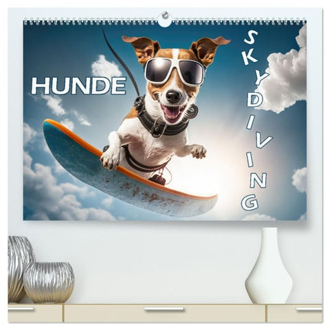 Hunde Skydiving (hochwertiger Premium Wandkalender 2026 DIN A2 quer), Kunstdruck in Hochglanz