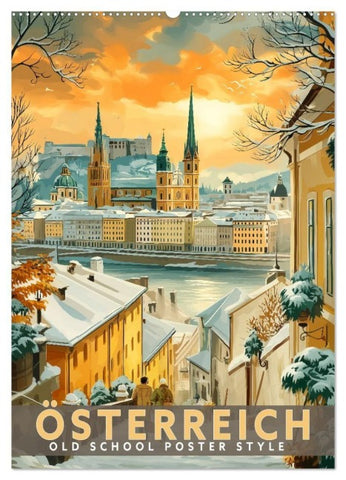 Österreich - Old School Poster Style (Wandkalender 2027 DIN A2 hoch), CALVENDO Monatskalender