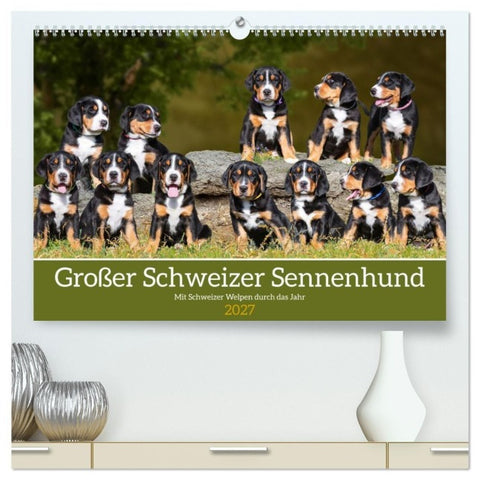 Großer Schweizer Sennenhund - Mit Schweizer Welpen durch das Jahr (hochwertiger Premium Wandkalender 2027 DIN A2 quer), Kunstdruck in Hochglanz