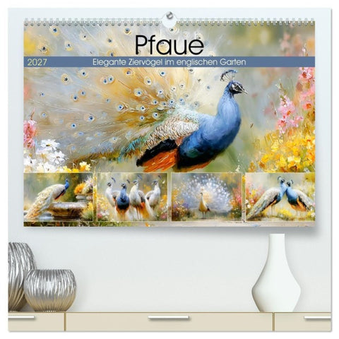 Pfaue. Elegante Ziervögel im englischen Garten (hochwertiger Premium Wandkalender 2027 DIN A2 quer), Kunstdruck in Hochglanz