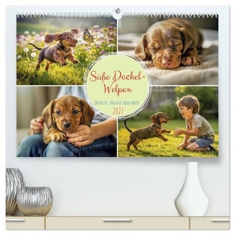 Süße Dackel-Welpen (hochwertiger Premium Wandkalender 2027 DIN A2 quer), Kunstdruck in Hochglanz