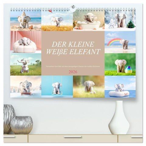 Der kleine weiße Elefant (hochwertiger Premium Wandkalender 2026 DIN A2 quer), Kunstdruck in Hochglanz