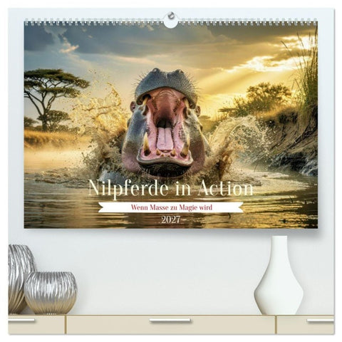 Nilpferde in Action (hochwertiger Premium Wandkalender 2027 DIN A2 quer), Kunstdruck in Hochglanz