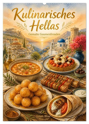 Kulinarisches Hellas - Gemalte Gaumenfreuden (Wandkalender 2027 DIN A2 hoch), CALVENDO Monatskalender