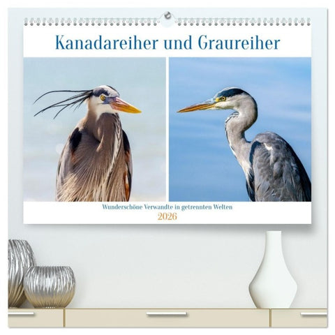 Kanadareiher und Graureiher (hochwertiger Premium Wandkalender 2026 DIN A2 quer), Kunstdruck in Hochglanz