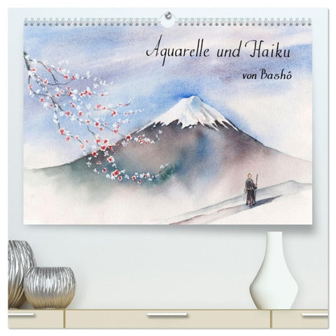 Aquarelle und Haiku von Basho (hochwertiger Premium Wandkalender 2026 DIN A2 quer), Kunstdruck in Hochglanz