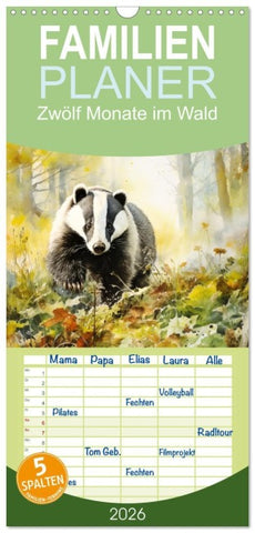 Familienplaner 2026 - Zwölf Monate im Wald mit 5 Spalten (Wandkalender, 21 x 45 cm) CALVENDO