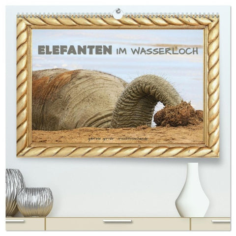 Elefanten im Wasserloch (hochwertiger Premium Wandkalender 2027 DIN A2 quer), Kunstdruck in Hochglanz