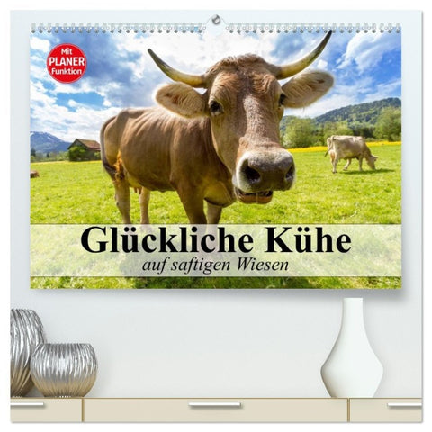 Glückliche Kühe auf saftigen Wiesen (hochwertiger Premium Wandkalender 2026 DIN A2 quer), Kunstdruck in Hochglanz
