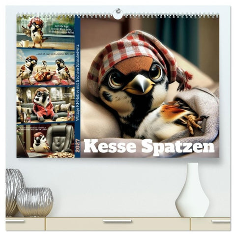 Kesse Spatzen (hochwertiger Premium Wandkalender 2027 DIN A2 quer), Kunstdruck in Hochglanz