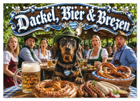 Dackel, Bier und Brezen (Tischkalender 2027 DIN A5 quer), CALVENDO Monatskalender