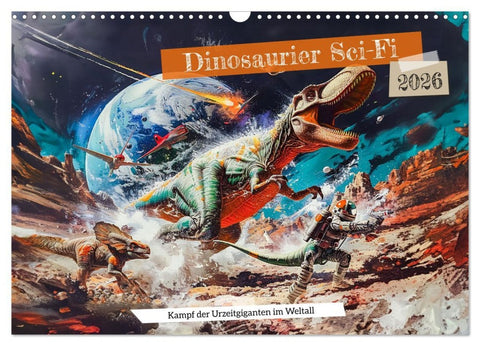 Dinosaurier Sci-Fi - Kampf der Urzeitgiganten im Weltall (Wandkalender 2026 DIN A3 quer), CALVENDO Monatskalender