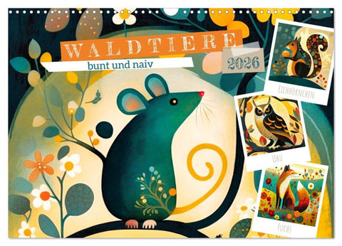 Waldtiere, bunt und naiv (Wandkalender 2026 DIN A3 quer), CALVENDO Monatskalender