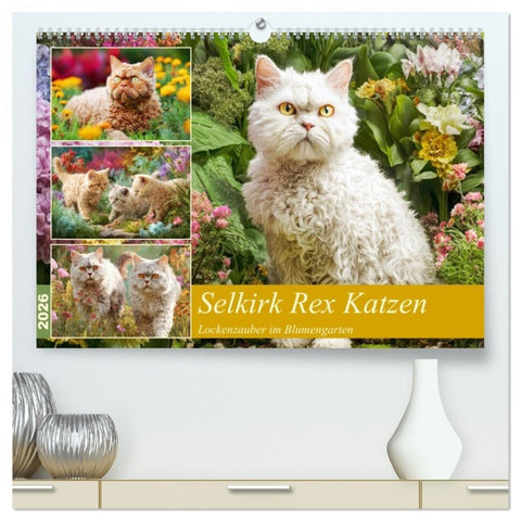 Selkirk Rex Katzen. Lockenzauber im Blumengarten (hochwertiger Premium Wandkalender 2026 DIN A2 quer), Kunstdruck in Hochglanz