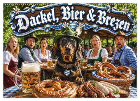 Dackel, Bier und Brezen (Wandkalender 2027 DIN A2 quer), CALVENDO Monatskalender