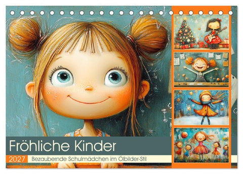 Fröhliche Kinder. Bezaubernde Schulmädchen im Ölbilder-Stil (Tischkalender 2027 DIN A5 quer), CALVENDO Monatskalender