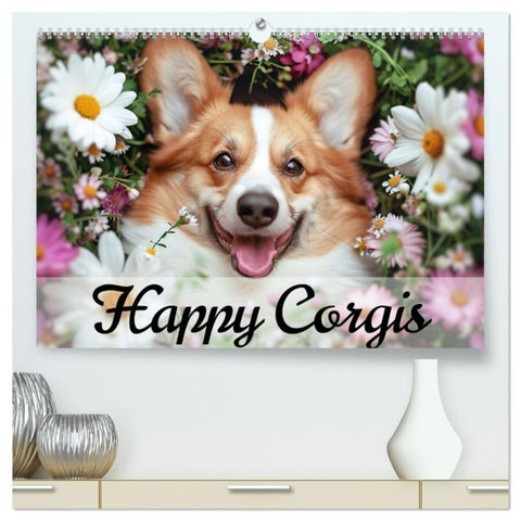 Happy Corgis (hochwertiger Premium Wandkalender 2027 DIN A2 quer), Kunstdruck in Hochglanz
