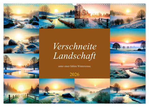 Verschneite Landschaft unter einer fahlen Wintersonne (Wandkalender 2026 DIN A2 quer), CALVENDO Monatskalender