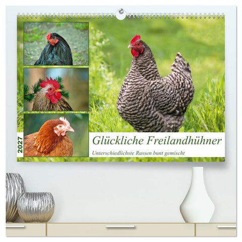 Glückliche Freilandhühner (hochwertiger Premium Wandkalender 2027 DIN A2 quer), Kunstdruck in Hochglanz