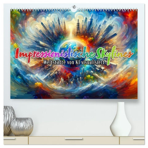 Impressionistische Skylines - Weltstädte von KI visualisiert (hochwertiger Premium Wandkalender 2026 DIN A2 quer), Kunstdruck in Hochglanz