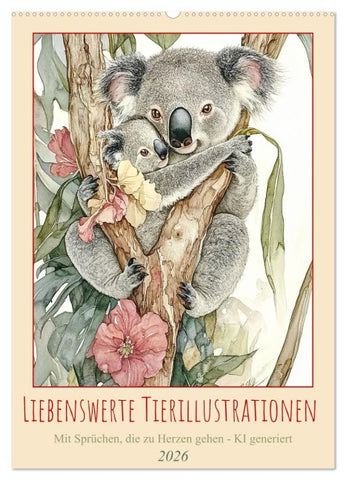 Liebenswerte Tierillustrationen (Wandkalender 2026 DIN A2 hoch), CALVENDO Monatskalender