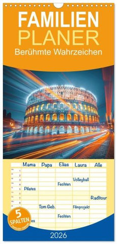 Familienplaner 2026 - Berühmte Wahrzeichen mit 5 Spalten (Wandkalender, 21 x 45 cm) CALVENDO