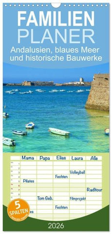 Familienplaner 2026 - Andalusien, blaues Meer und historische Bauwerke mit 5 Spalten (Wandkalender, 21 x 45 cm) CALVENDO