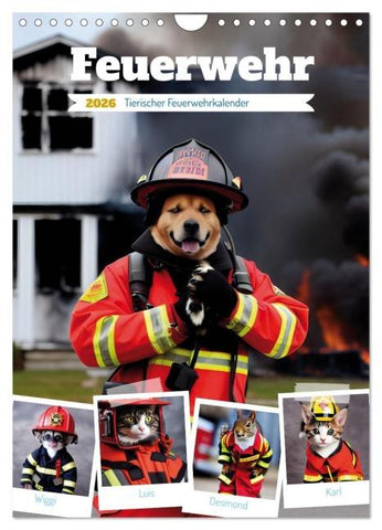 Feuerwehr - Tierischer Feuerwehrkalender (Wandkalender 2026 DIN A4 hoch), CALVENDO Monatskalender