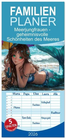 Familienplaner 2026 - Meerjungfrauen - geheimnisvolle Schönheiten des Meeres mit 5 Spalten (Wandkalender, 21 x 45 cm) CALVENDO