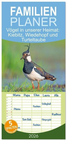 Familienplaner 2026 - Vögel in unserer Heimat: Kiebitz, Wiedehopf und Turteltaube mit 5 Spalten (Wandkalender, 21 x 45 cm) CALVENDO