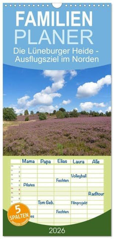 Familienplaner 2026 - Die Lüneburger Heide - Ausflugsziel im Norden mit 5 Spalten (Wandkalender, 21 x 45 cm) CALVENDO