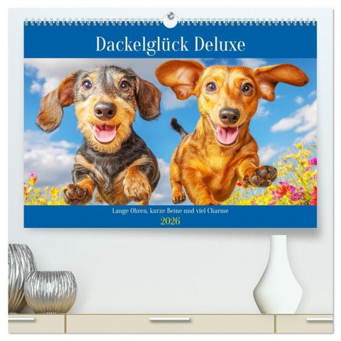 Dackelglück Deluxe. Lange Ohren, kurze Beine und viel Charme (hochwertiger Premium Wandkalender 2026 DIN A2 quer), Kunstdruck in Hochglanz