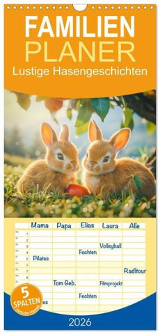 Familienplaner 2026 - Lustige Hasengeschichten mit 5 Spalten (Wandkalender, 21 x 45 cm) CALVENDO