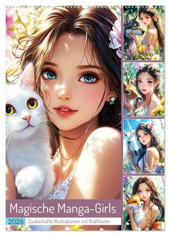 Magische Manga-Girls. Zauberhafte Illustrationen mit Krafttieren (Wandkalender 2026 DIN A2 hoch), CALVENDO Monatskalender
