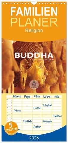 Familienplaner 2026 - BUDDHA - Ein sanftes Lächeln mit 5 Spalten (Wandkalender, 21 x 45 cm) CALVENDO