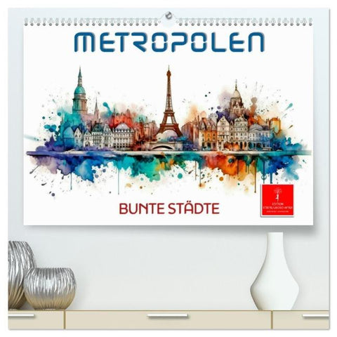 Skylines - bunte Städte (hochwertiger Premium Wandkalender 2026 DIN A2 quer), Kunstdruck in Hochglanz