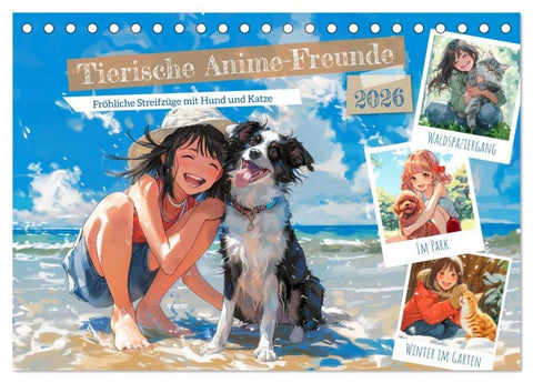 Tierische Anime-Freunde - Fröhliche Streifzüge mit Hund und Katze (Tischkalender 2026 DIN A5 quer), CALVENDO Monatskalender